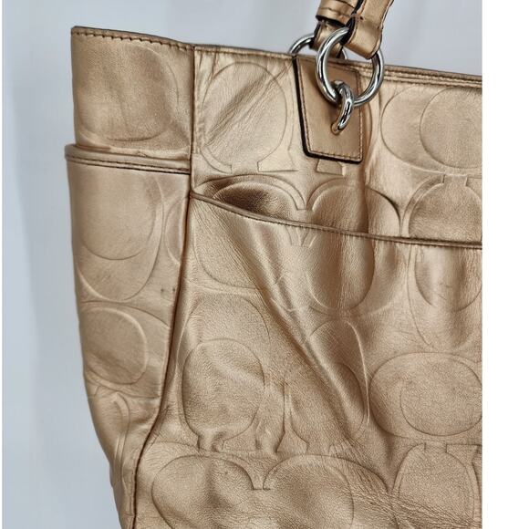 Coach Signature Metallic Gold Leather Tote Bag with Hangtag & Side Pockets - Picture 7 of 16